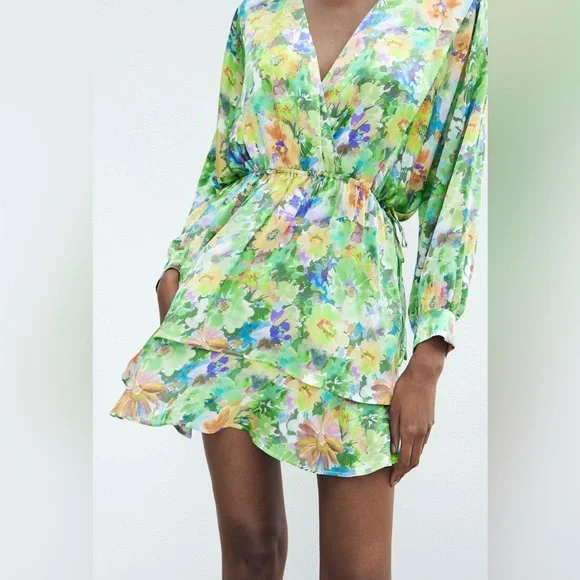 Zara Dresses Zara Green Floral Print Dress In Xs 2882 45 63